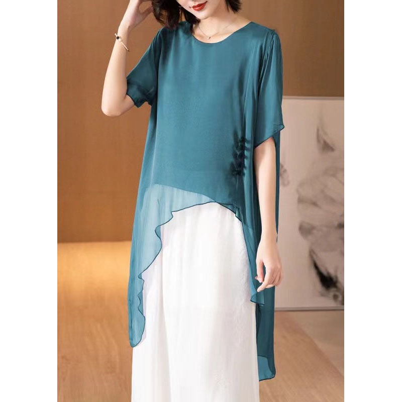 French Peacock Blue O-Neck Asymmetrical Patchwork Chiffon Shirts Tops Summer