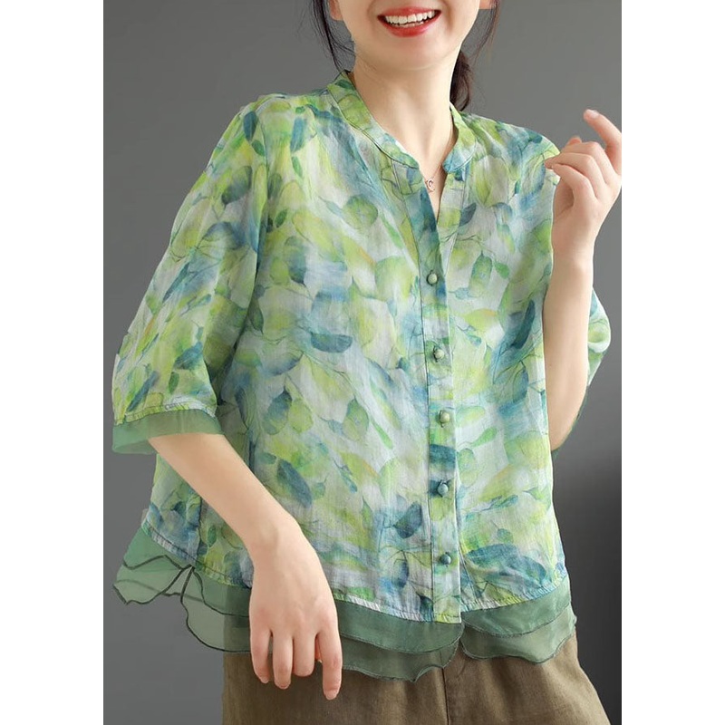 Green Print Patchwork Linen Shirt Top V Neck Button Half Sleeve