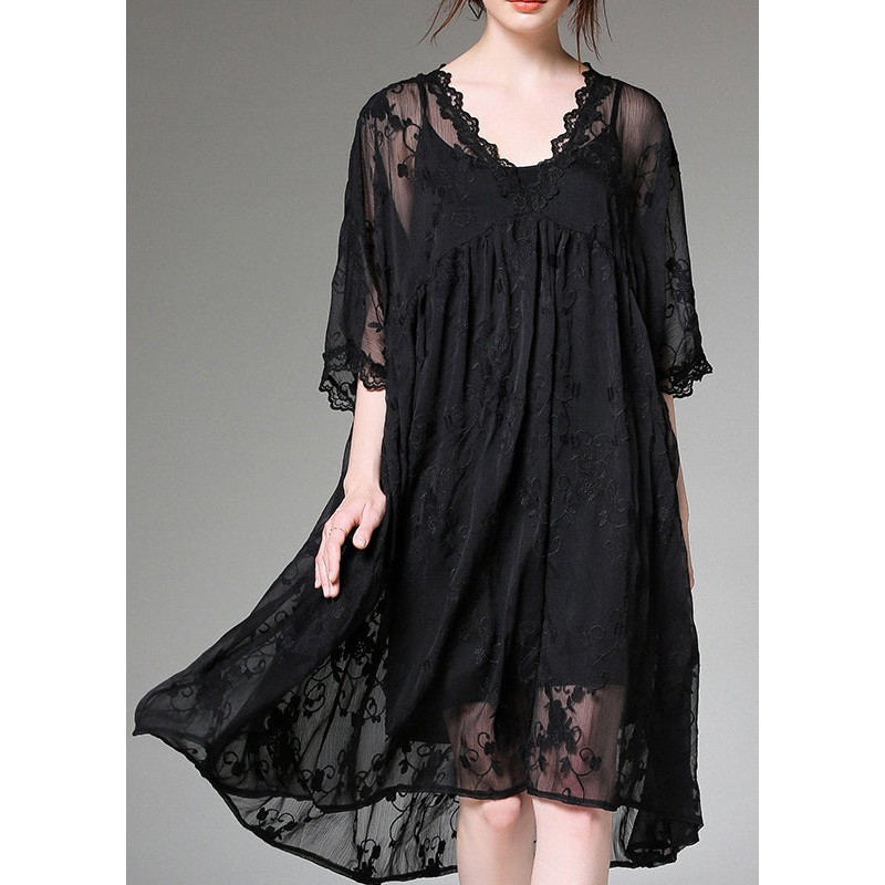 Handmade Black Embroideried Patchwork Tulle Two-Piece Set Dress Summer