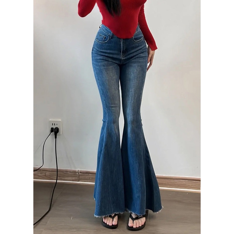 Handmade Blue Pockets Patchwork Flared Jeans Summer