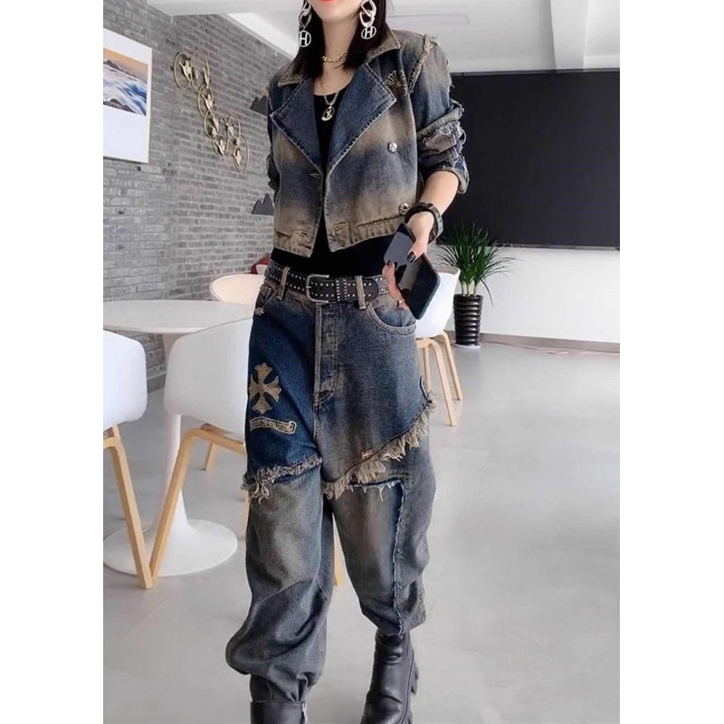 Handmade Grey Peter Pan Collar Patchwork Coats And Jeans Two Pieces Set Fall
