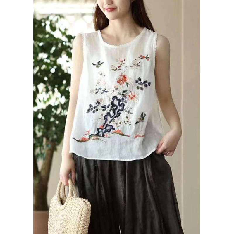 Handmade White O Neck Embroideried Patchwork Linen Tops Summer