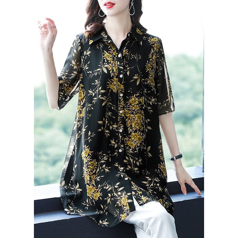 Italian Black Peter Pan Collar Print Button Patchwork Chiffon Top Summer