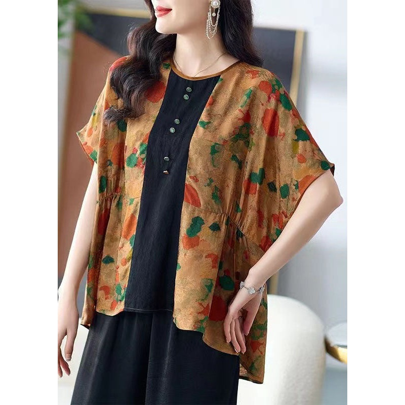 Italian Yellow Print Wrinkled Patchwork Silk T Shirt Top Summer
