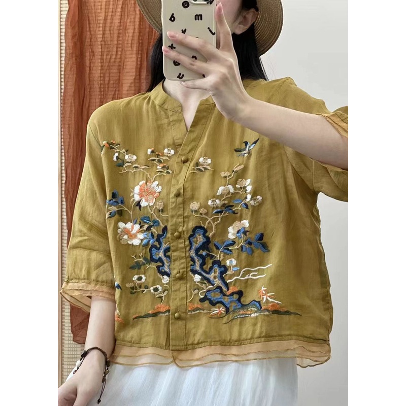 Italian Yellow Stand Collar Embroideried Button Patchwork Linen Blouses Summer