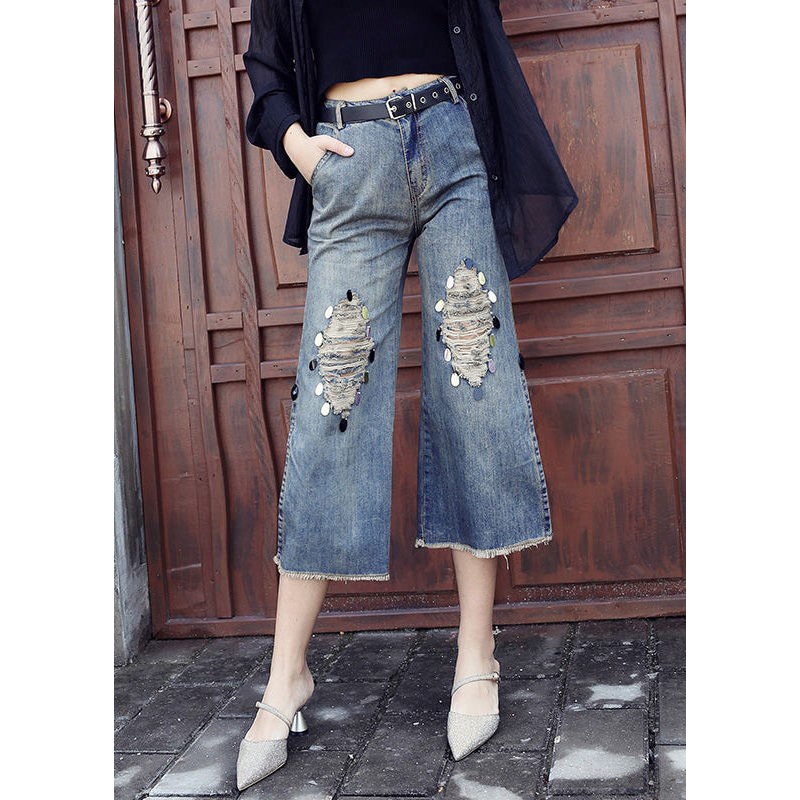 Loose Blue High Waist Sequins Patchwork Crop Ripped Jeans