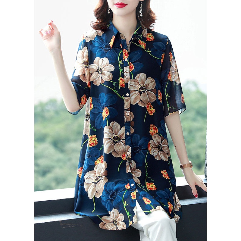 Loose Blue Peter Pan Collar Print Patchwork Chiffon Shirt Top Summer