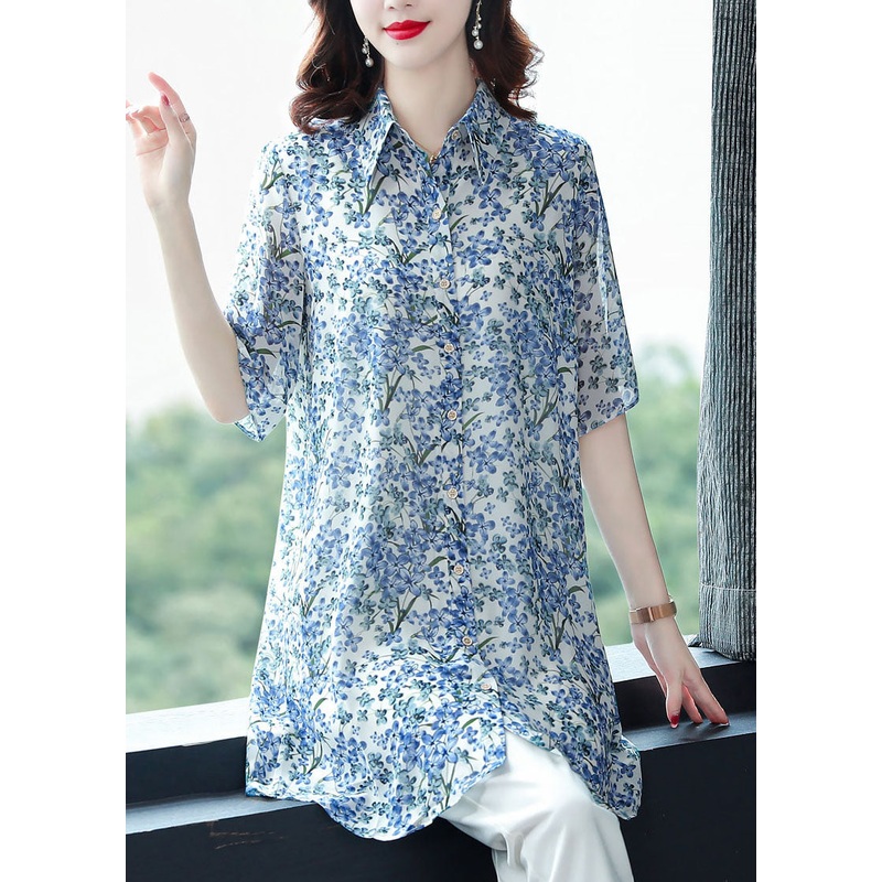Loose Blue Peter Pan Collar Print Patchwork Chiffon Shirt Tops Half Sleeve