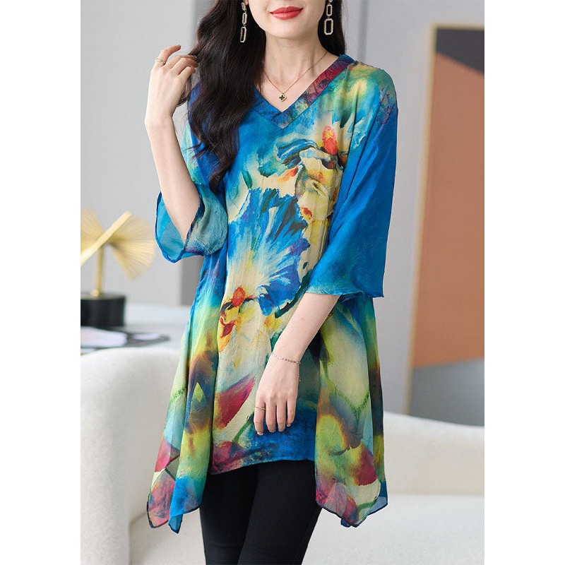 Loose Blue V Neck Print Patchwork Chiffon T Shirt Tops Half sleeve