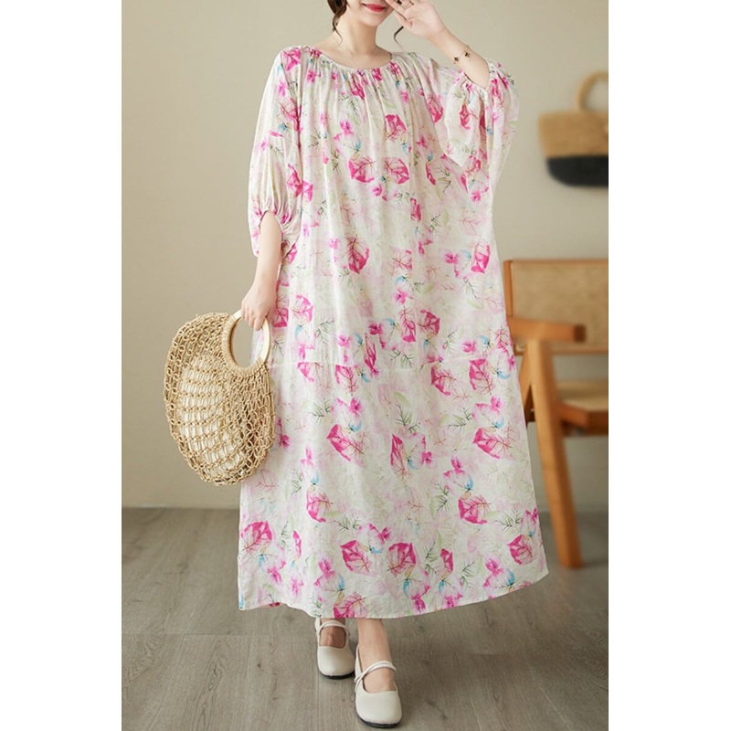 Loose Casual Pink Floral Cotton Linen Dress Half Sleeve Summer