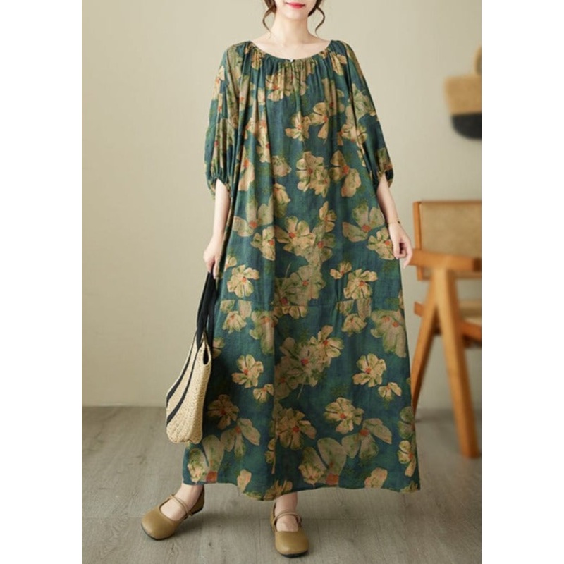 Loose Green Floral Print Cotton Linen Dress Half Sleeve Summer