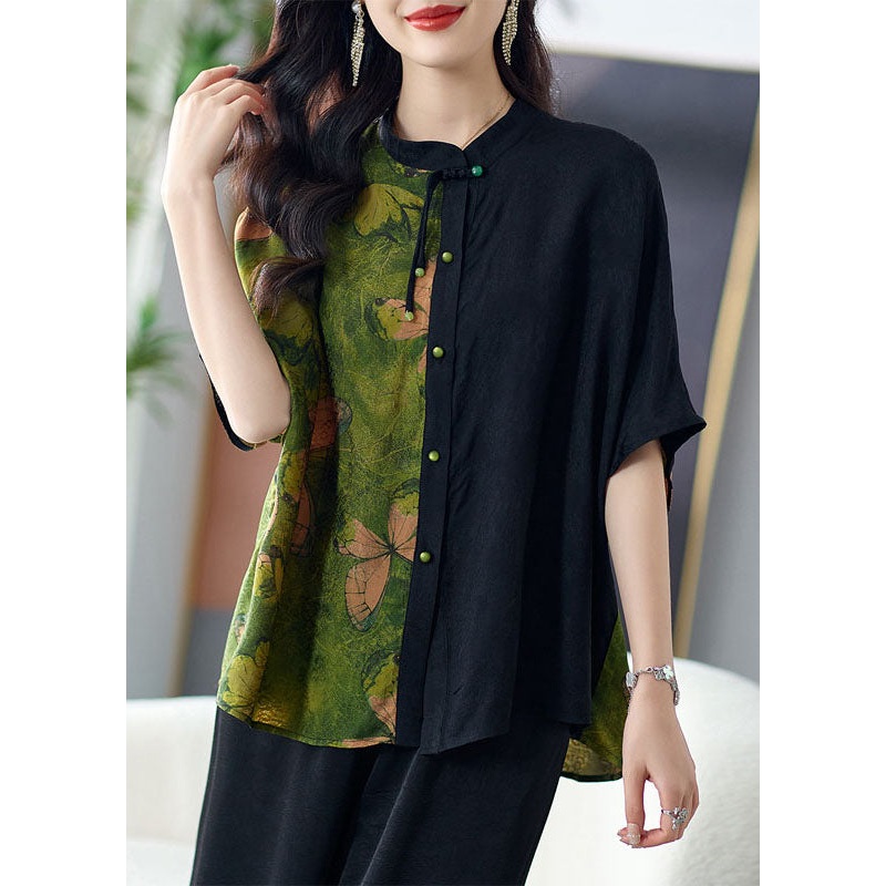 Loose Green Stand Collar Button Print Patchwork Silk Shirts Tops Summer