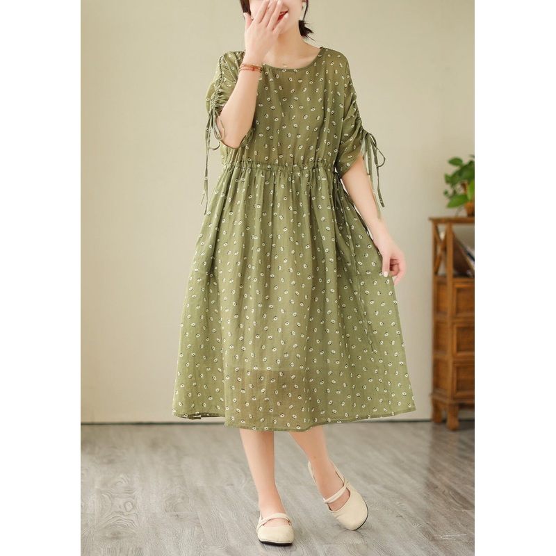 Loose Retro Casual Linen Floral Print Dress Half Sleeve