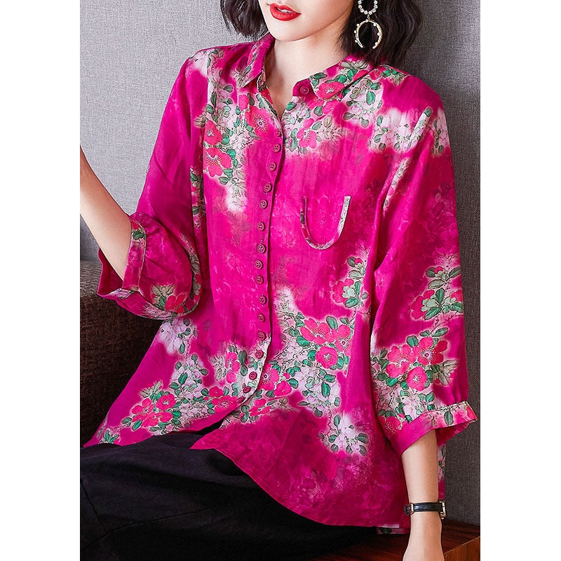 Loose Rose Peter Pan Collar Button Print Patchwork Linen Shirts Bracelet Sleeve