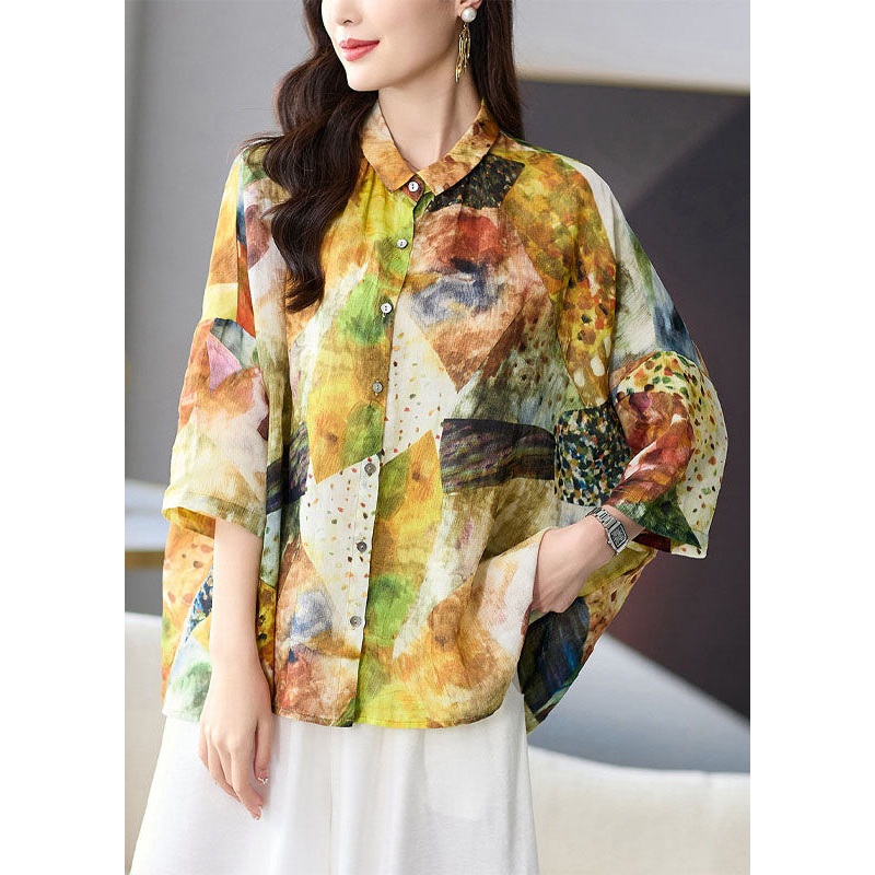 Loose Yellow Peter Pan Collar Button Print Linen Blouses Tops Summer