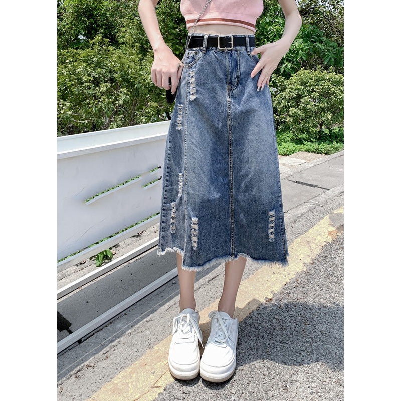 Modern Light Blue Patchwork Ripped A Line Denim Skirt