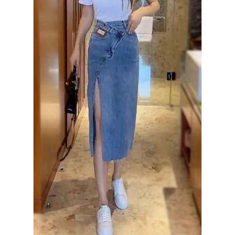 Natural Blue Sashes Patchwork High Waist Denim Maxi Skirts