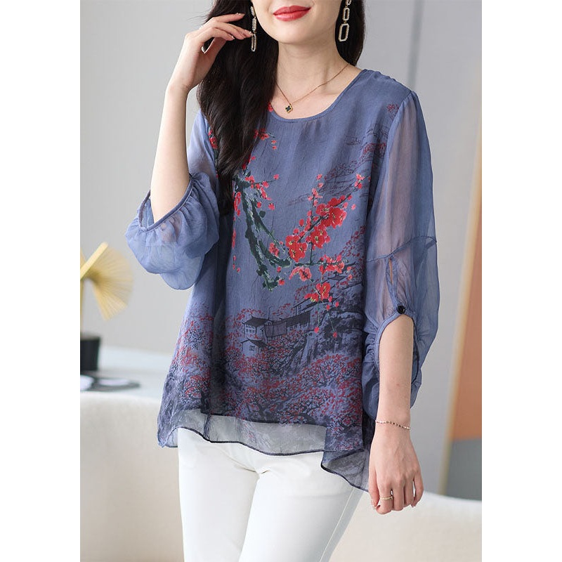 Natural Grey O Neck Print Patchwork Chiffon Shirt Tops Lantern Sleeve