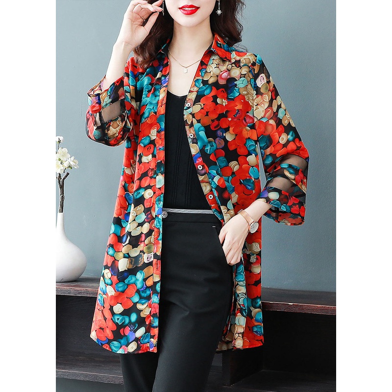Natural Red Peter Pan Collar Print Patchwork Chiffon Shirts Tops Bracelet Sleeve