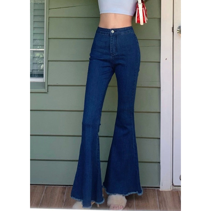 Navy High Waist Button Solid Flared Trousers