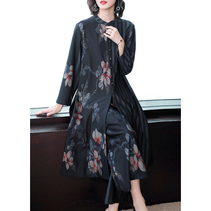 New Black Stand Collar Striped Print Patchwork Cotton Two Pieces Set Fall