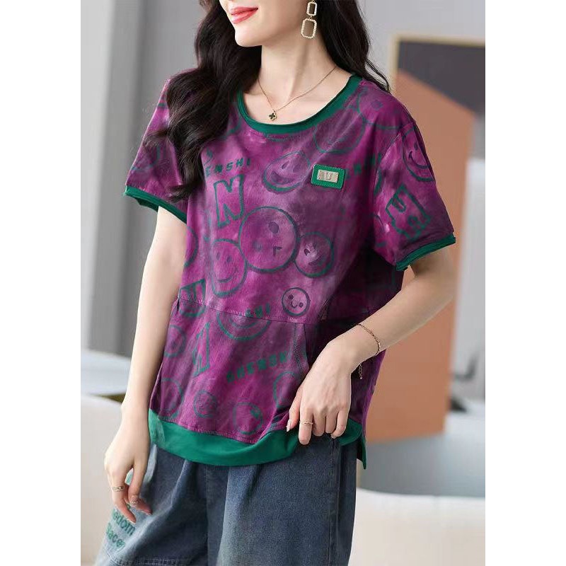 Novelty Purple O Neck Print Pockets Patchwork Cotton T Shirt Tops Summer