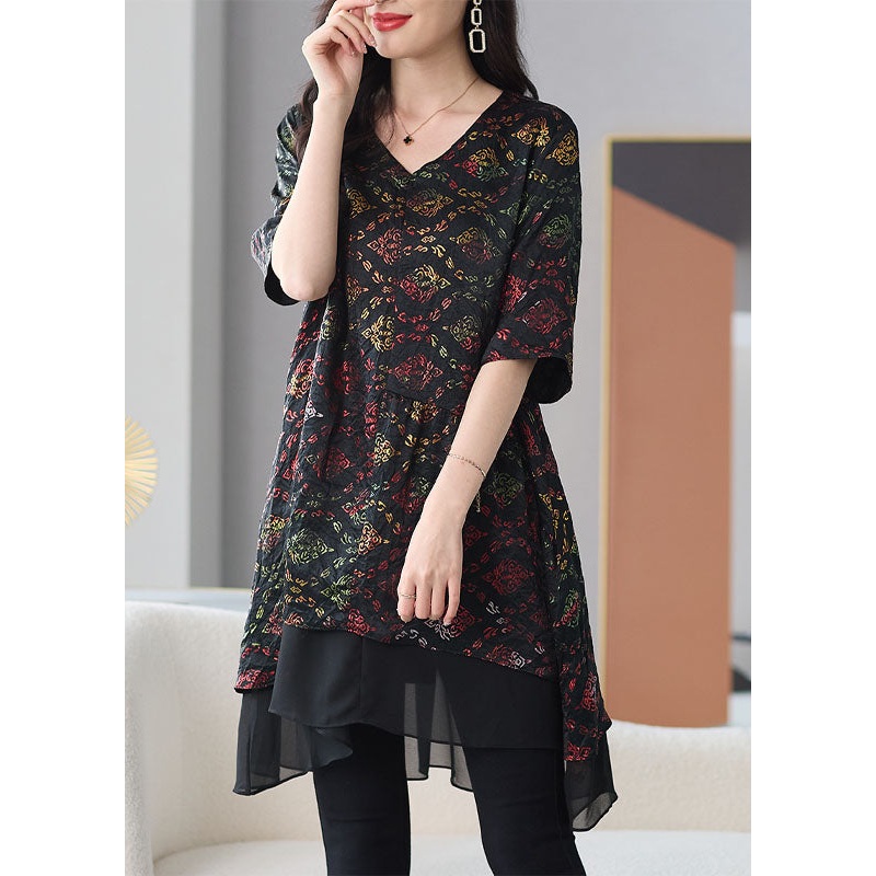 Organic Black V Neck Print Patchwork Chiffon Shirts Summer