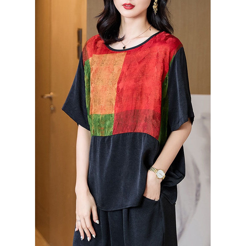 Plus Size Black O Neck Print Patchwork Silk T Shirt Tops Half Sleeve