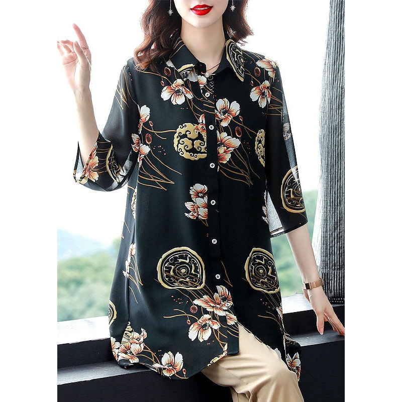 Plus Size Black Peter Pan Collar Print Patchwork Chiffon Shirts Tops Summer
