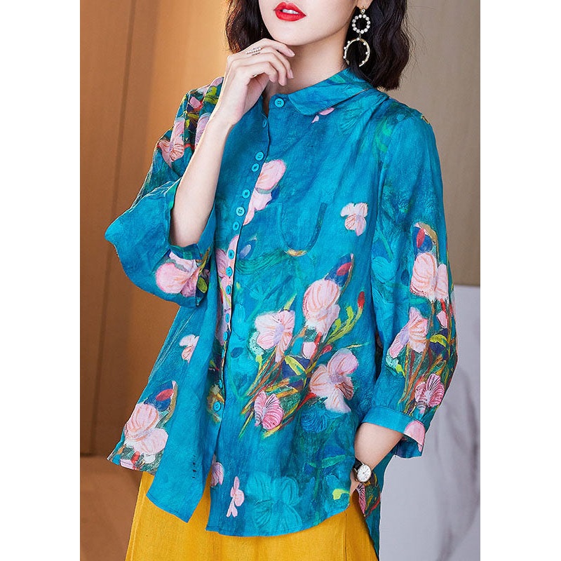 Plus Size Blue Peter Pan Collar Button Print Linen Shirts Tops Bracelet Sleeve