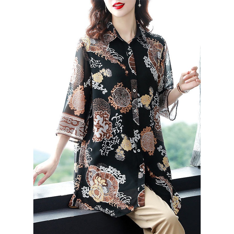 Plus Size Floral Peter Pan Collar Patchwork Chiffon Shirts Bracelet Sleeve