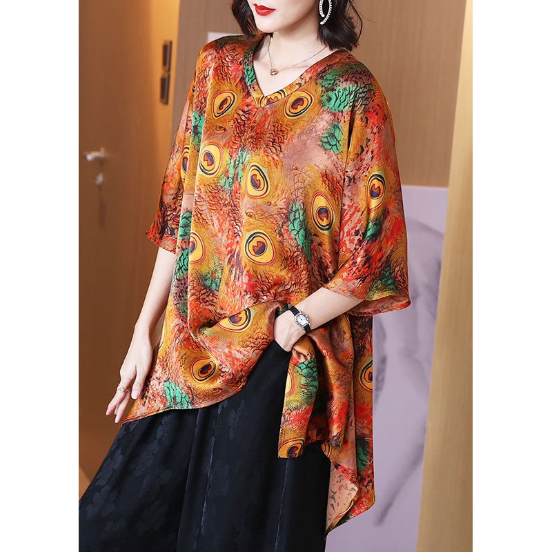 Plus Size Peacock Print V Neck Patchwork Silk Shirt Top Summer