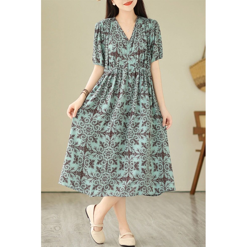 Plus Size Retro Blue Floral Print Chiffon Dress Short Sleeve Summer