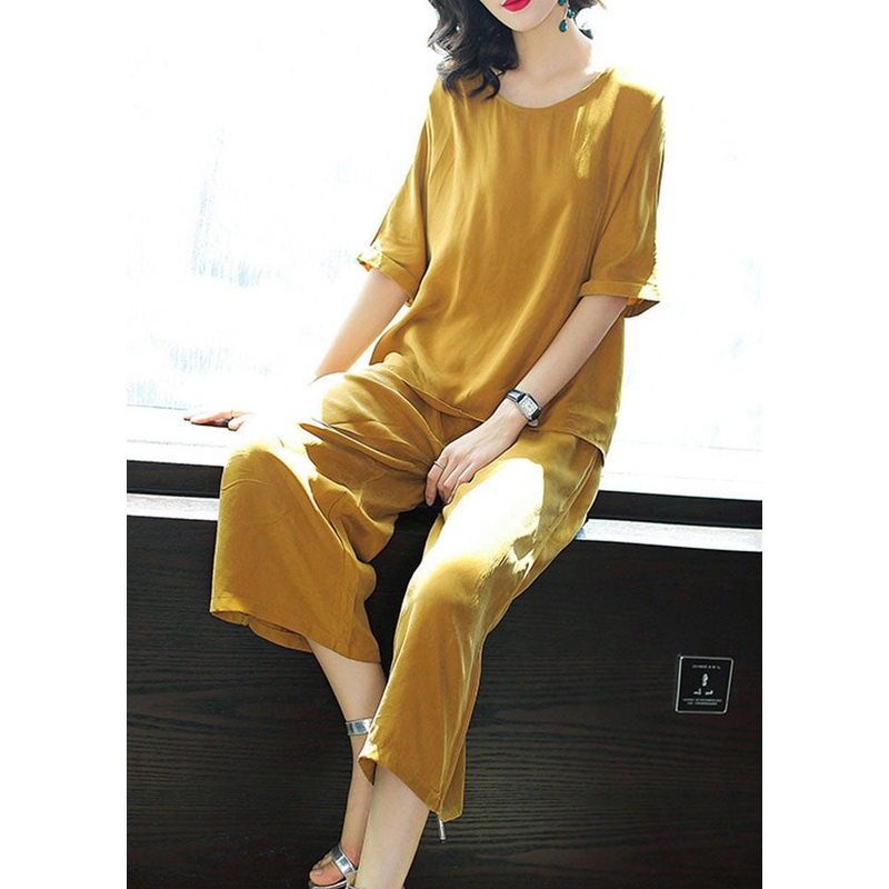 Plus Size Yellow O-Neck Tops And Pants Silk Two Pieces Set Summer