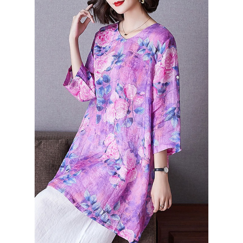 Purple Print Patchwork Linen Shirt Top O Neck Side Open Bracelet Sleeve