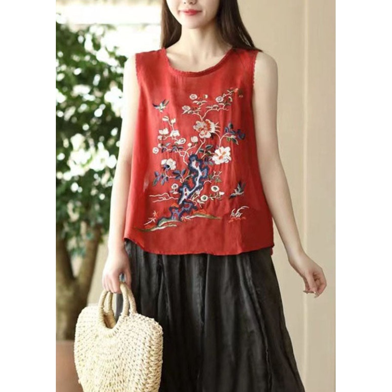 Red Patchwork Linen Tops Embroideried O Neck Sleeveless