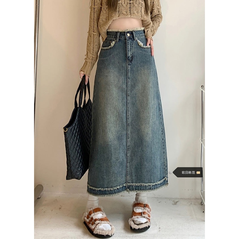 Retro Blue Patchwork Button Long Skirts Summer