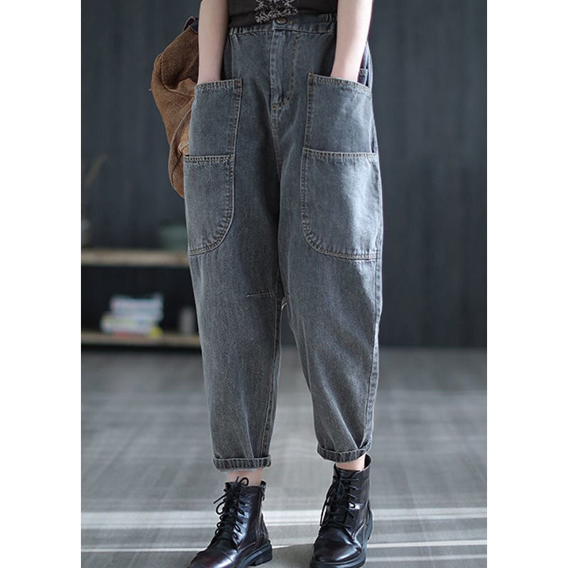 Retro Grey Patchwork Elastic Waist Crop Jeans Summer