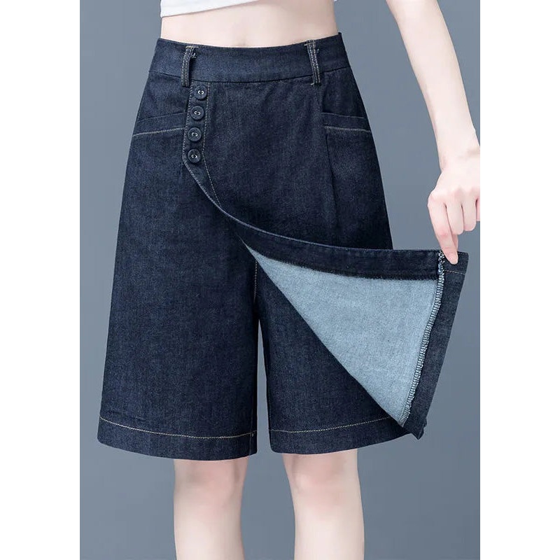 Retro Navy Patchwork High Waist Solid Half Jeans