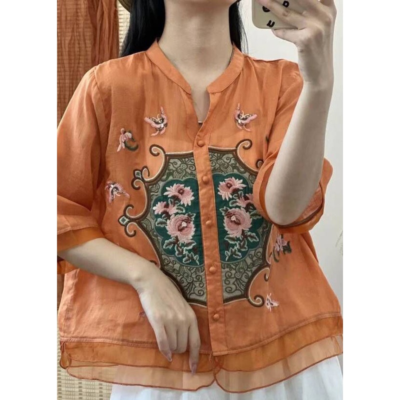 Retro Orange V Neck Embroideried Button Patchwork Linen Shirts Half Sleeve