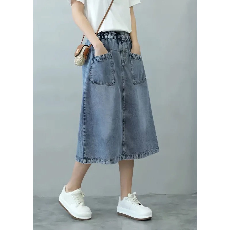 rief Blue Patchwork Elastic Waist Denim Skirts Summer