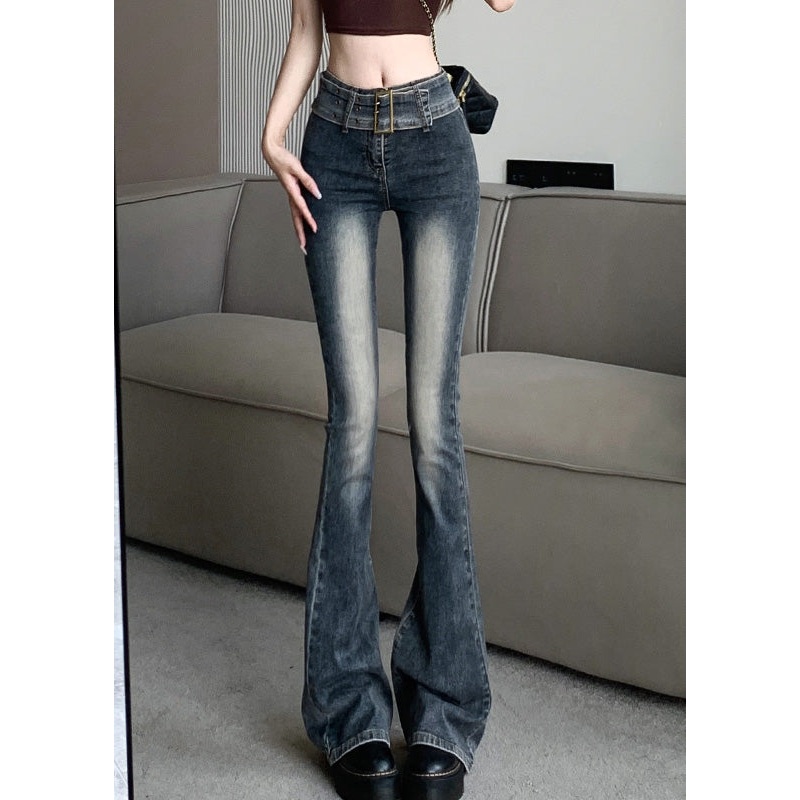 Sexy Navy Patchwork Sashes Flared Jeans Summer