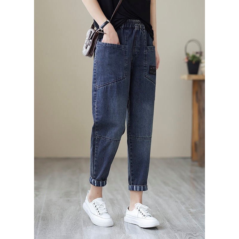 Simple Blue Patchwork Elastic Waist Crop Beam Jeans