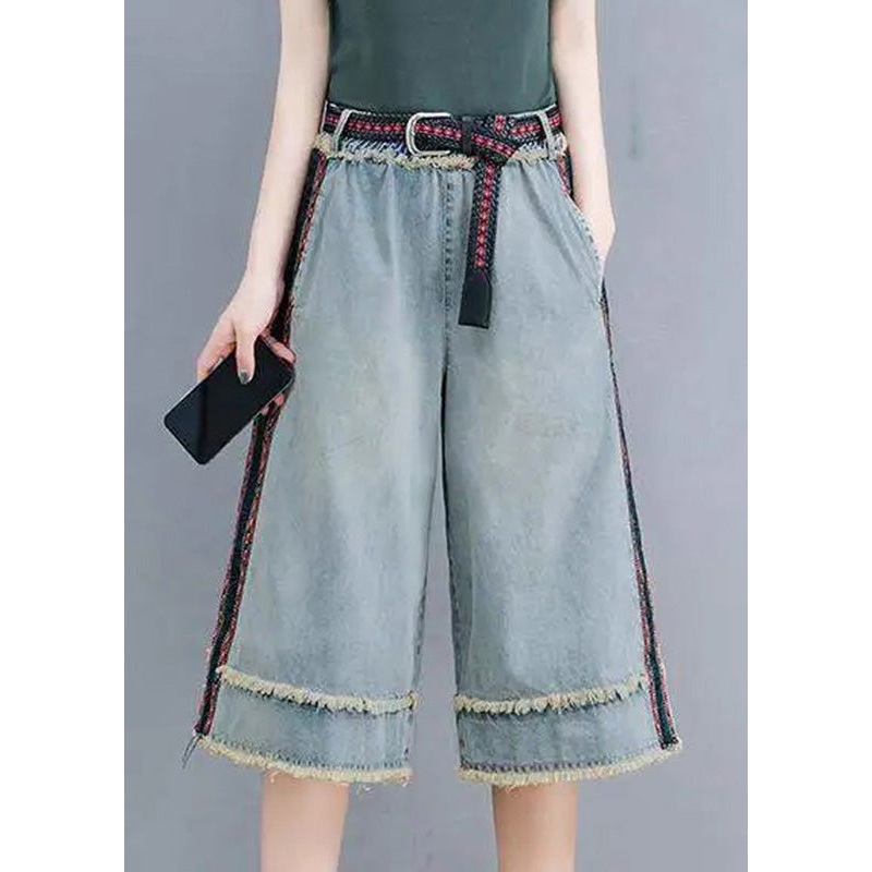 Simple Blue Patchwork High Waist Crop Jeans Summer