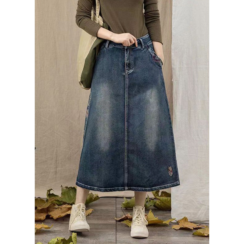 Simple Navy Embroideried Patchwork Maxi Skirts Summer