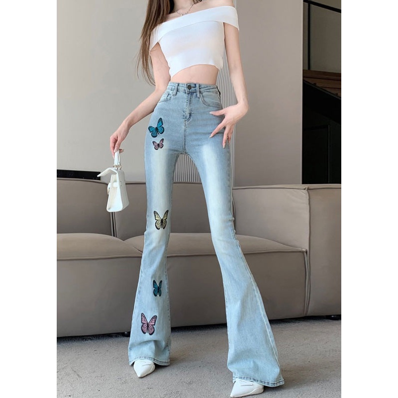 Slim Fit Blue Embroideried Flared Trousers Summer