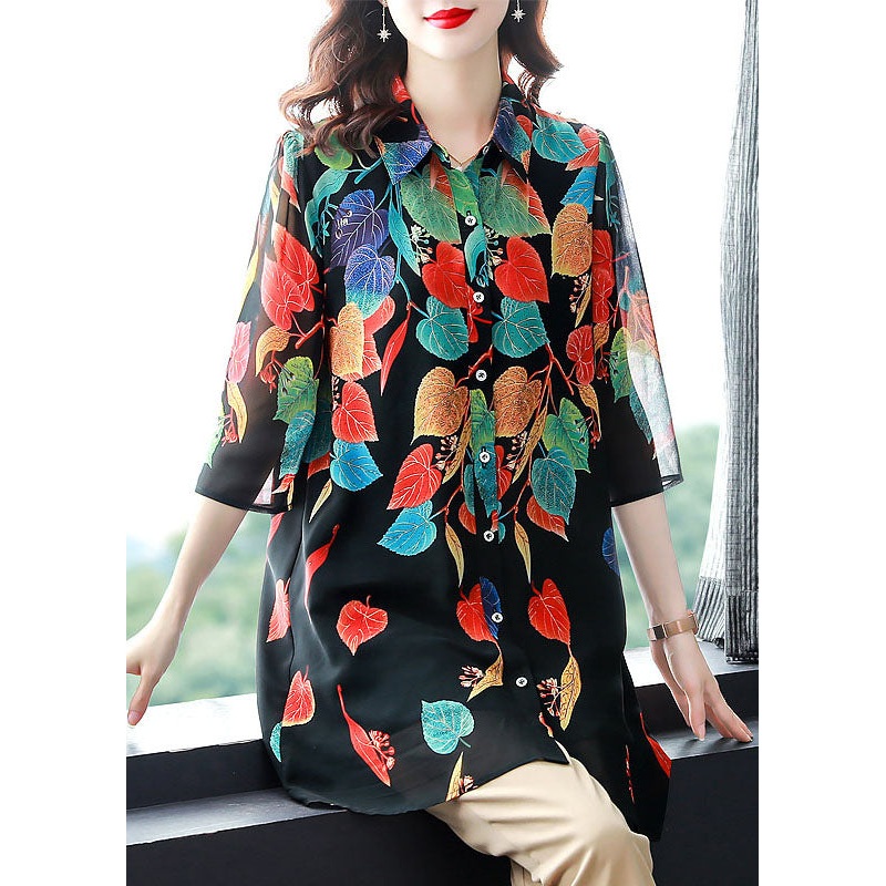 Style Black Button Print Patchwork Chiffon Shirt Tops Summer