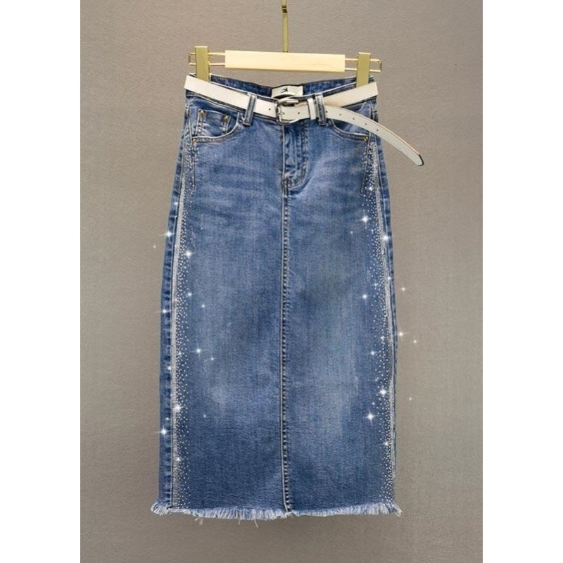 Style Blue Sashes Zircon Patchwork Skirt Summer