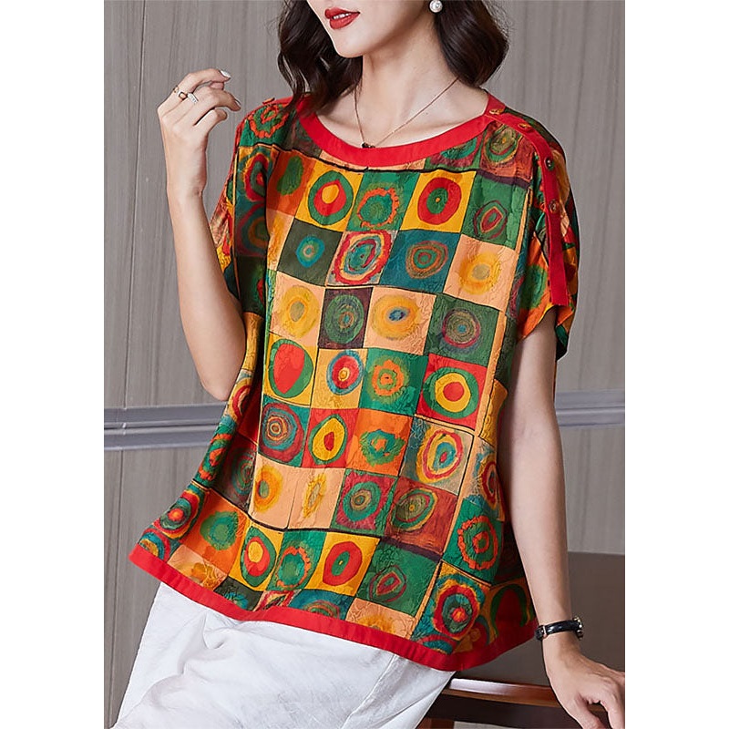 Style Colorblock O Neck Print Patchwork Silk T Shirt Tops Summer