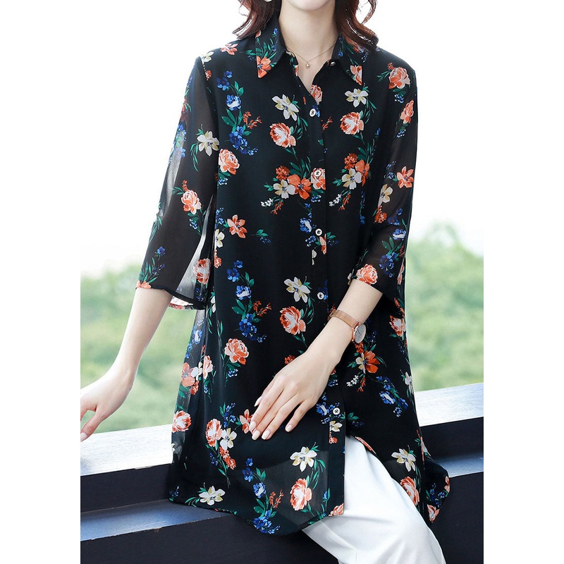Stylish Black Peter Pan Collar Print Patchwork Chiffon Tops Bracelet Sleeve